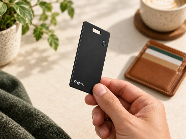 Slim edge and front of a black Keepmio Pocket card held beside a leather card holder