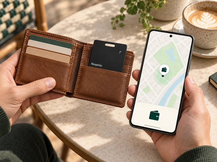 Keepmio Pocket in a tan wallet beside an Android-style phone showing a wallet location