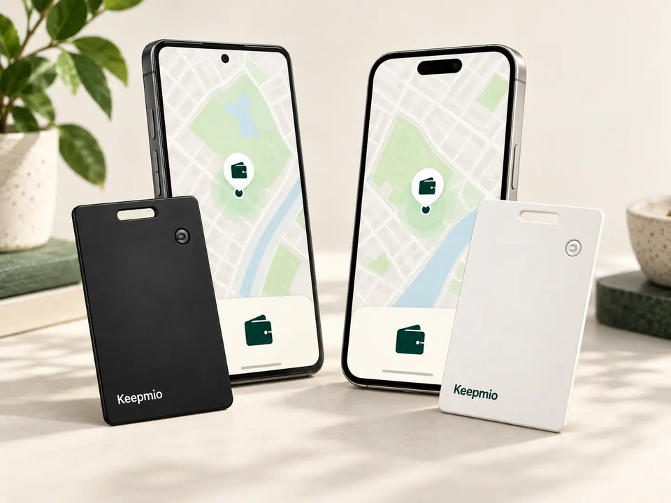 Black and white Keepmio Pocket cards beside Android and iPhone-style phones with location screens