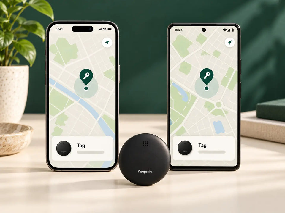 Keepmio Tag vor einem modernen iPhone und Android-Smartphone mit Standortkarten
