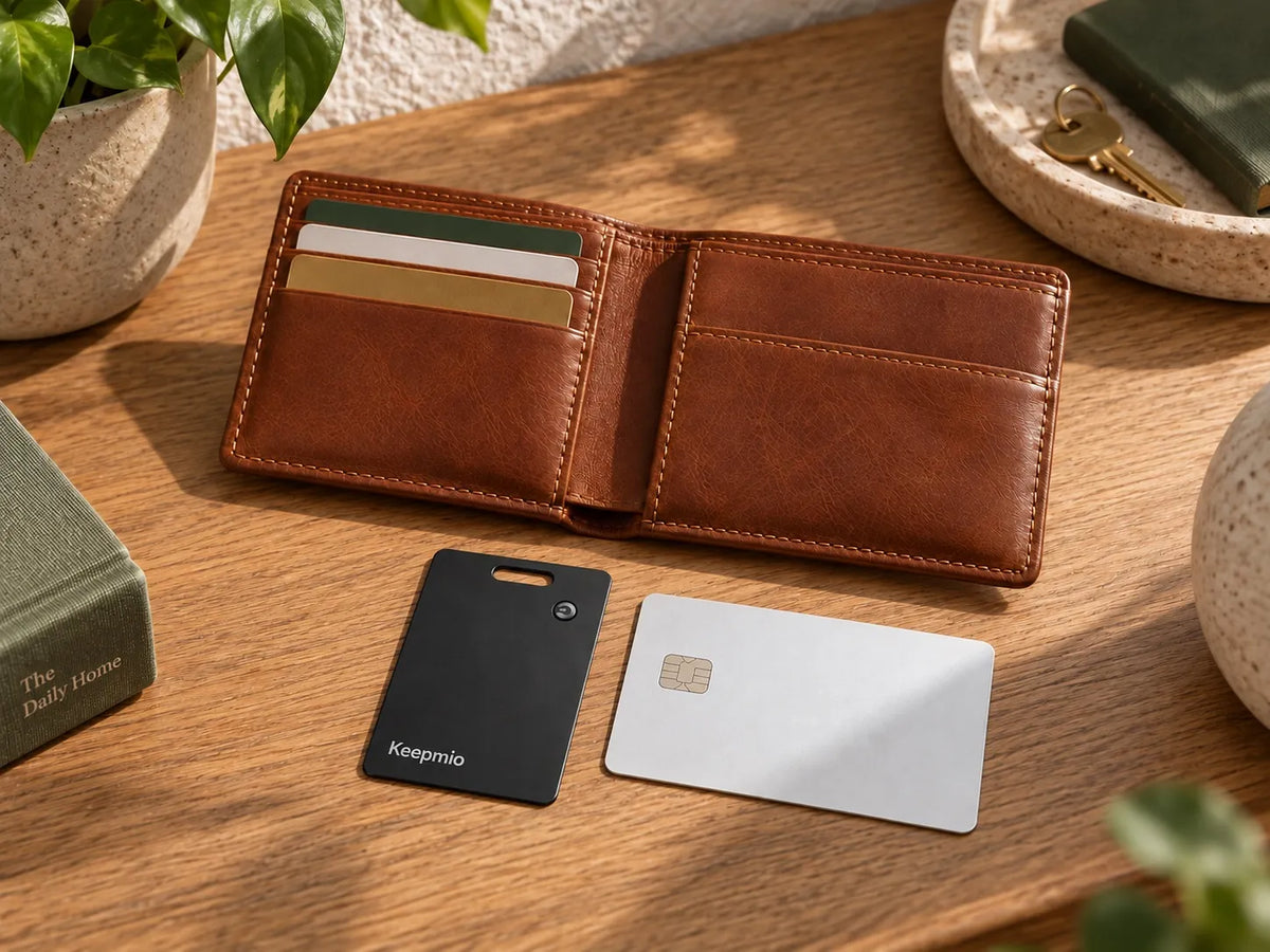 Keepmio Pocket Tracker-Karte neben einem Portemonnaie