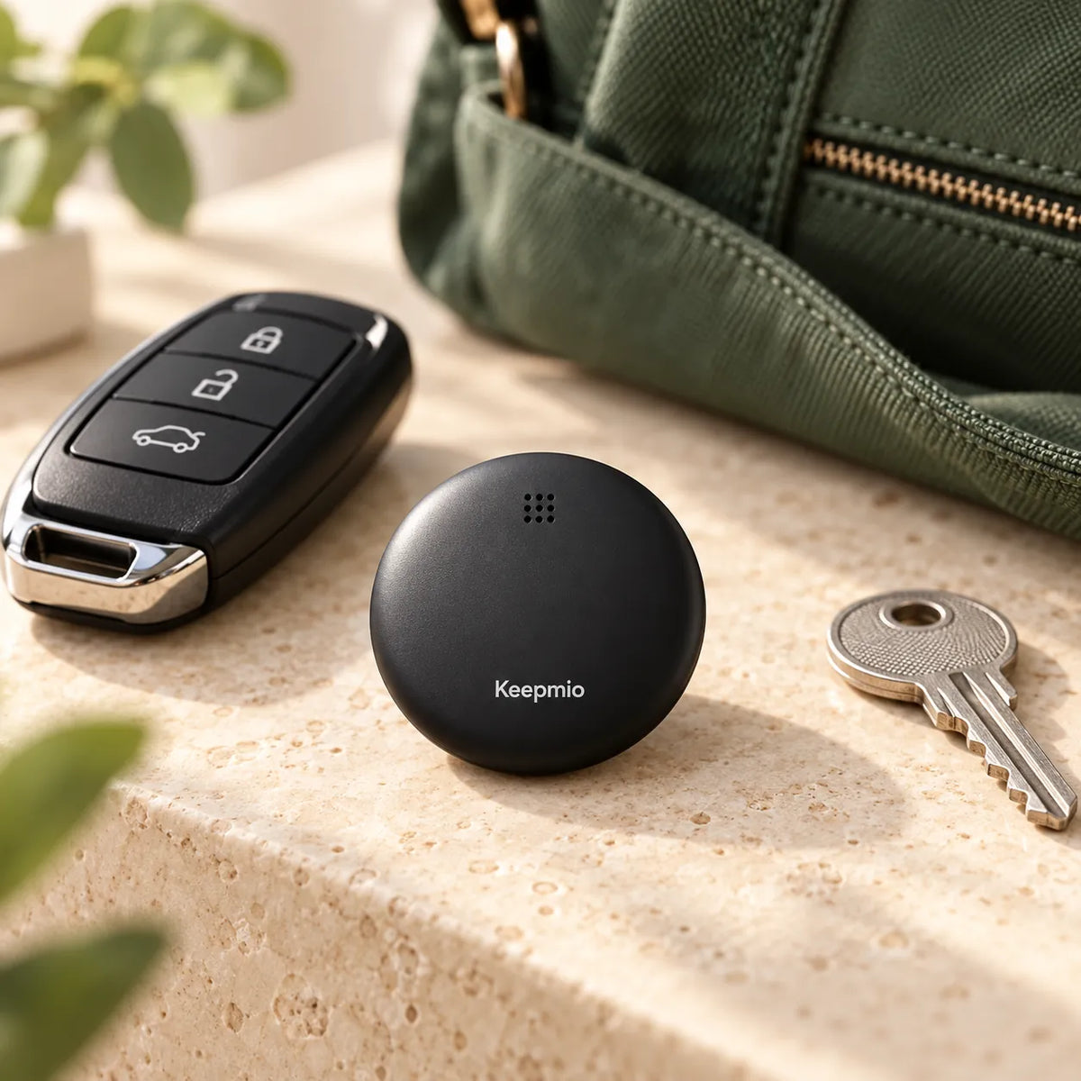 Round Keepmio Tag beside everyday belongings